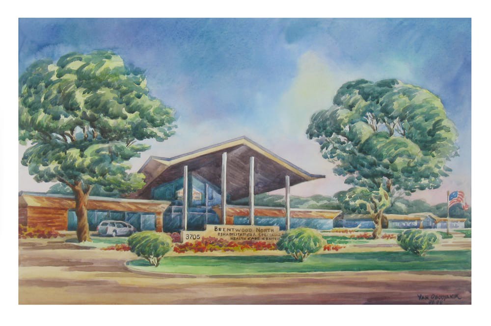 Illustration of a modernist building surrounded by trees and greenery.