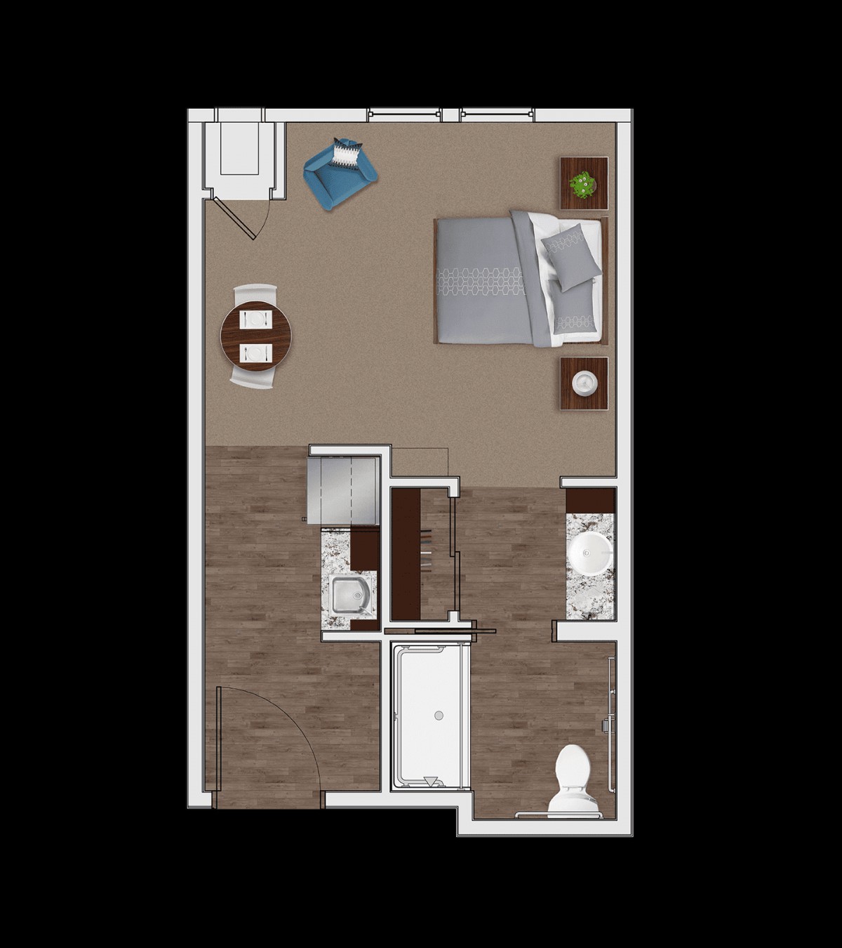 A floor plan of a studio apartment, featuring a bedroom area, bathroom, and kitchenette.