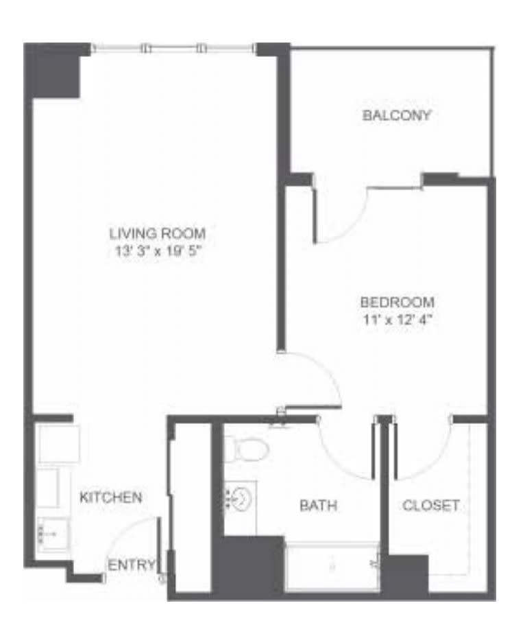 A floor plan of a one-bedroom apartment featuring a kitchen, living room, bathroom, closet, and balcony.