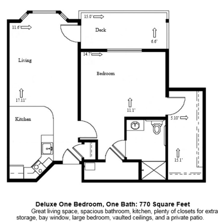 Floor plan of a deluxe one-bedroom, one-bath apartment with 770 square feet.