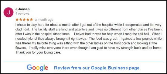 A positive review from Google Business about a healthcare facility.