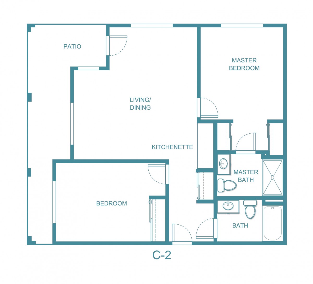 Blueprint of a two-bedroom apartment with kitchen, living area, and two bathrooms.