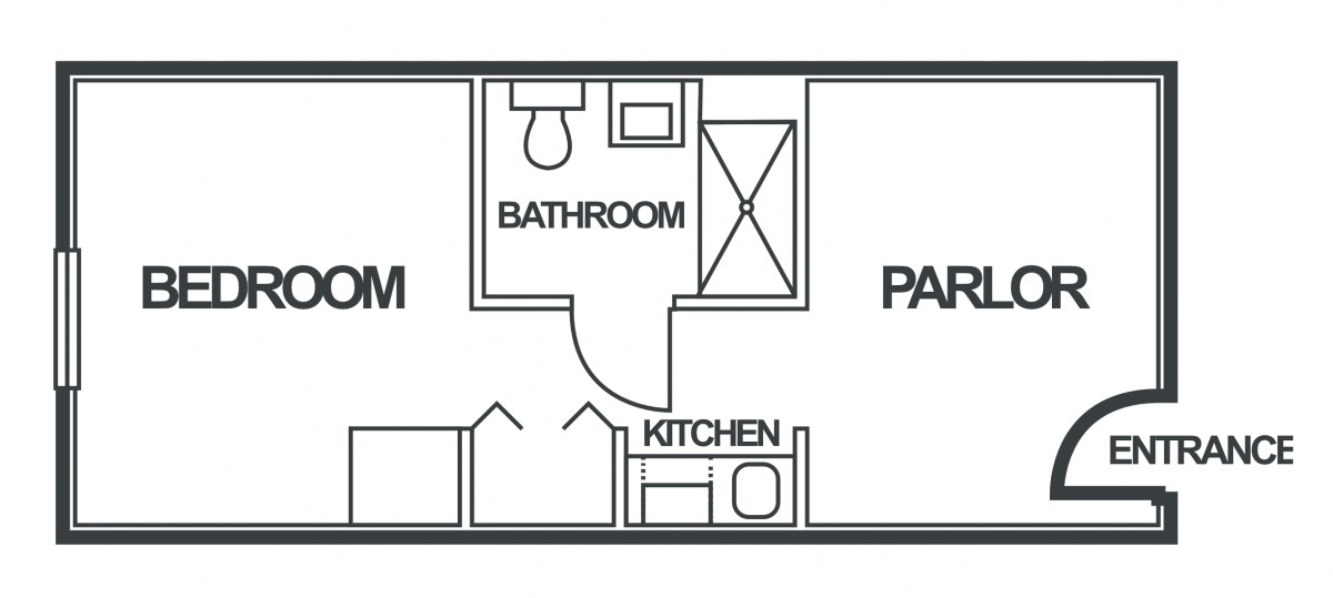 A simple floor plan of an apartment showing a bathroom, kitchen, and bedroom.