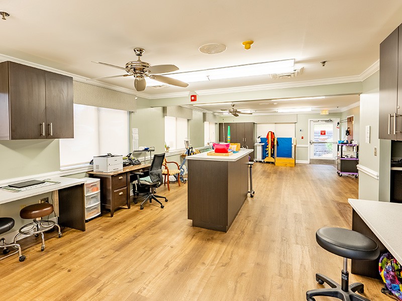 A spacious rehabilitation center equipped with exercise and therapy tools, featuring wood flooring and a clean, organized environment.