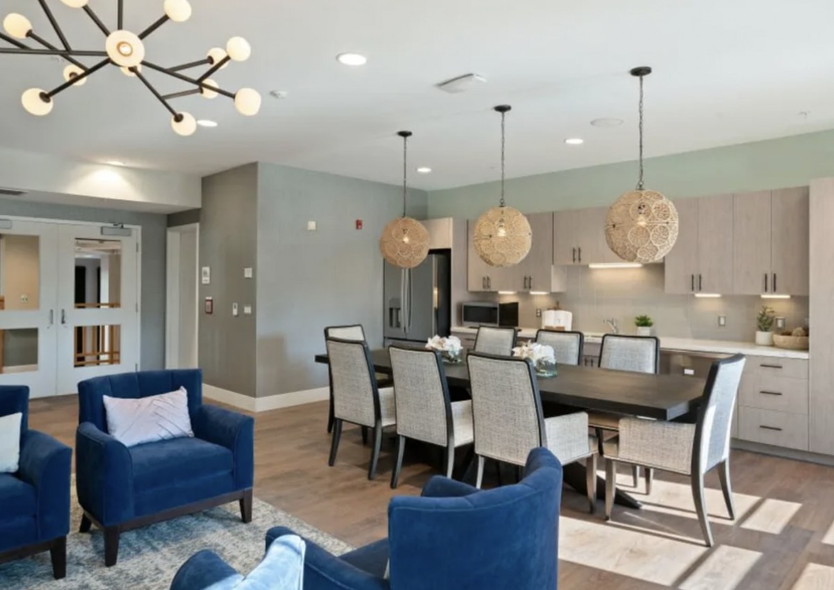 A modern open-concept dining and living area featuring contemporary furniture and stylish pendant lighting.