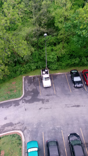 An overhead view of a parking lot featuring various vehicles and surrounding greenery.