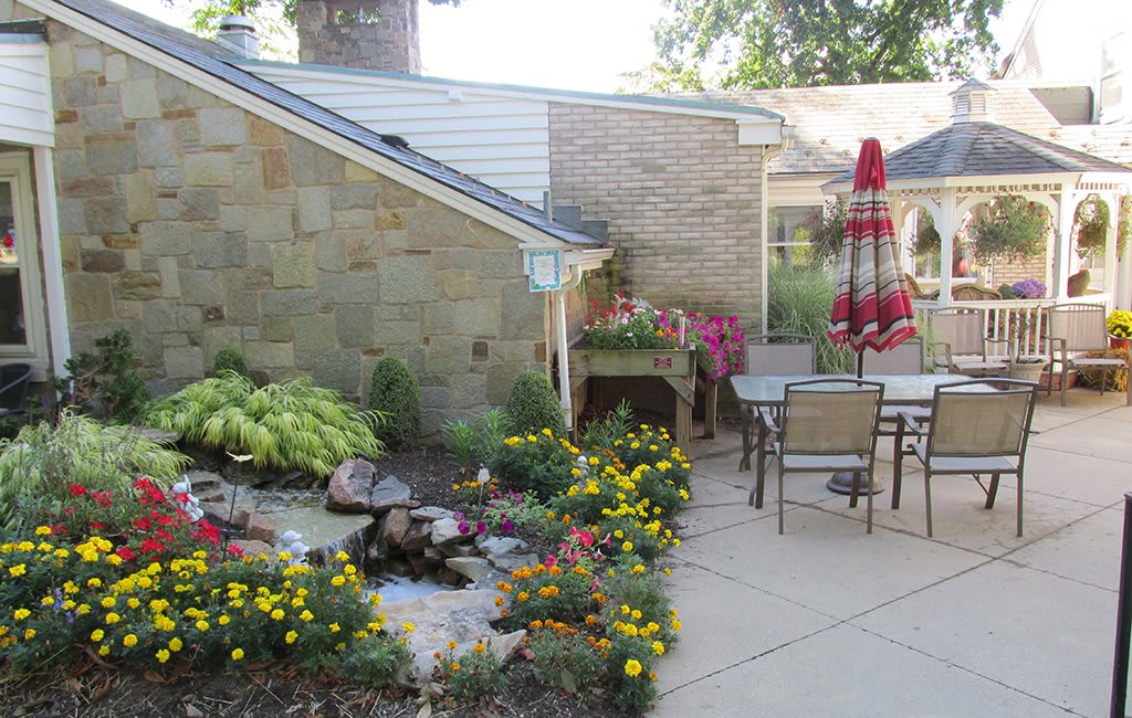 A cozy patio garden with outdoor furniture and colorful flowers.
