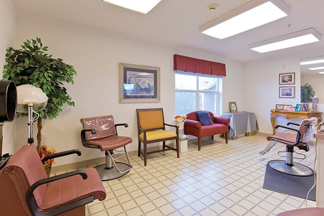 A well-lit waiting room with various chairs, a plant, and artwork on the wall.