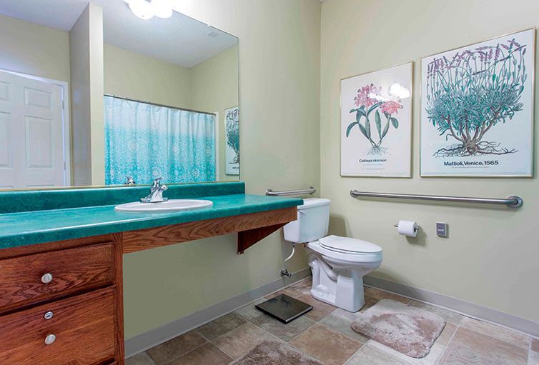 A well-lit bathroom featuring a green countertop, sink, toilet, and framed floral artwork.