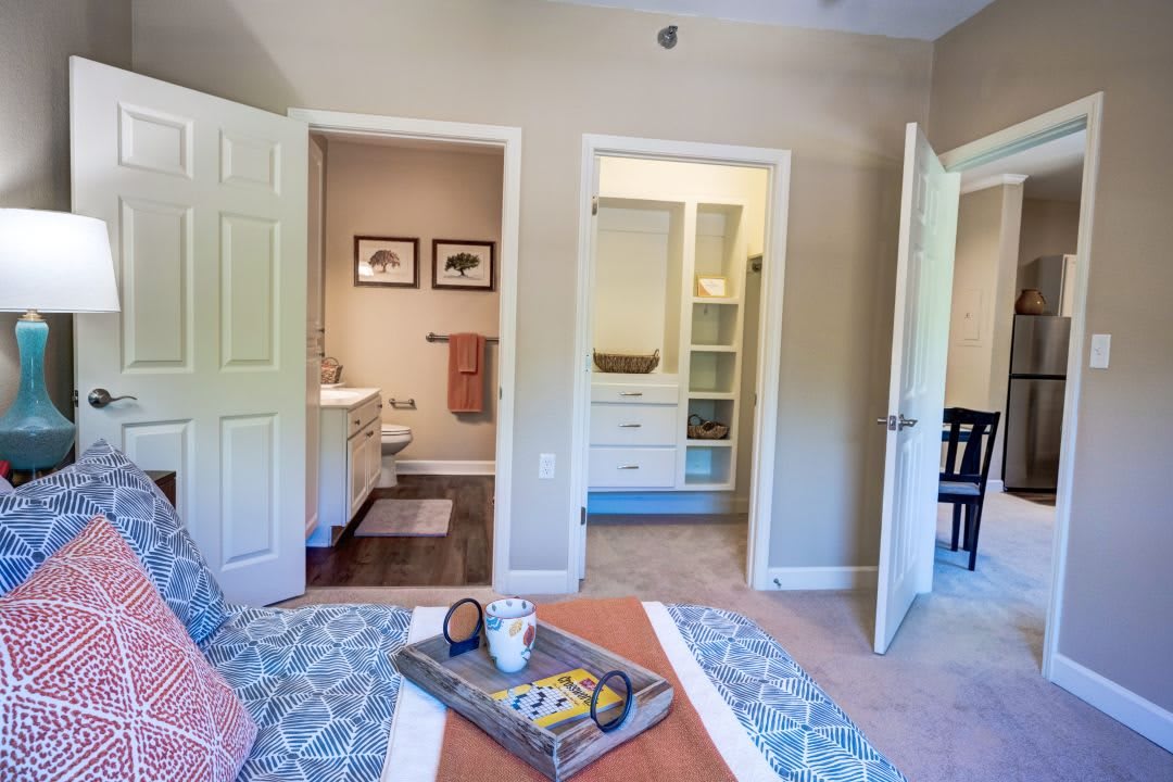 A cozy and modern bedroom with an adjoining bathroom and closet.
