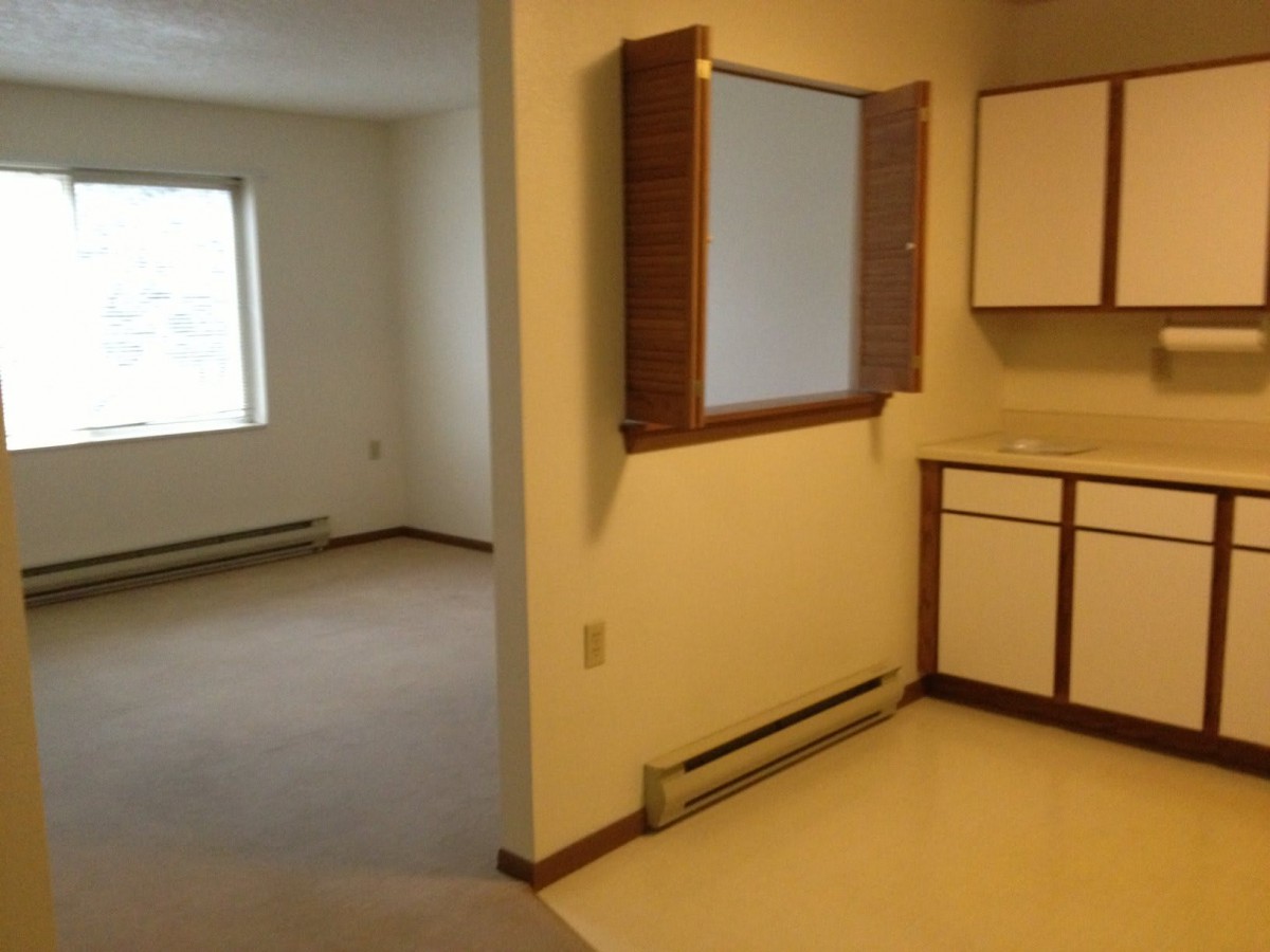 An empty apartment showing a kitchen and adjoining living area with natural light from a window.