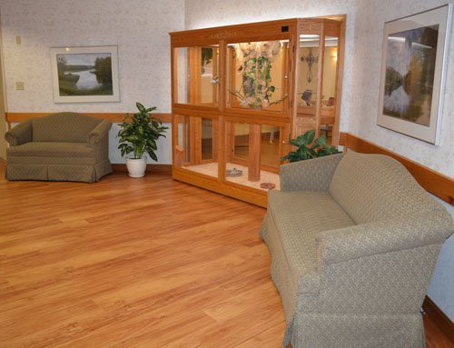 A cozy lobby area with sofas, wood flooring, an aquarium, and decorative plants.