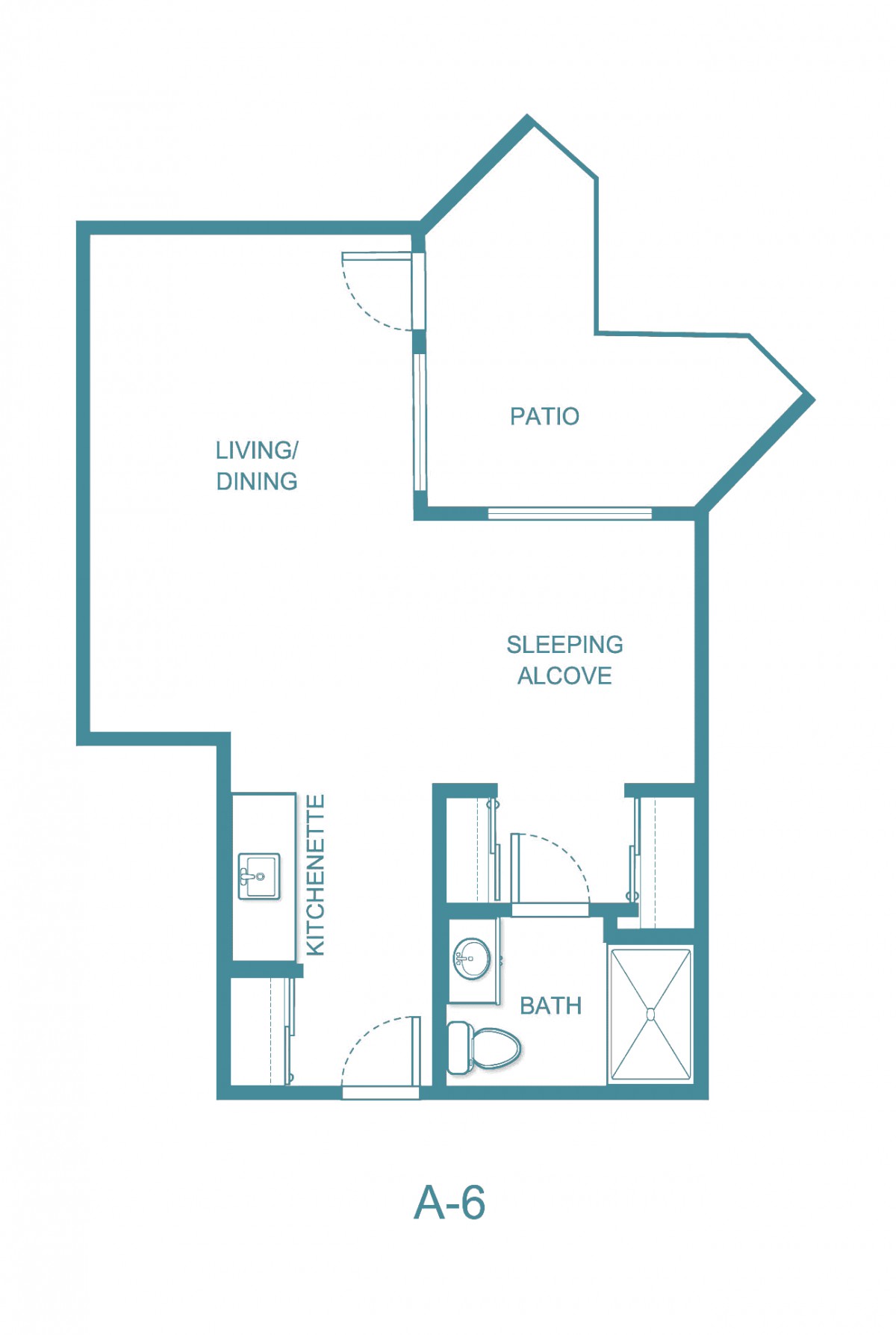 Studio apartment floor plan with a sleeping alcove and patio.