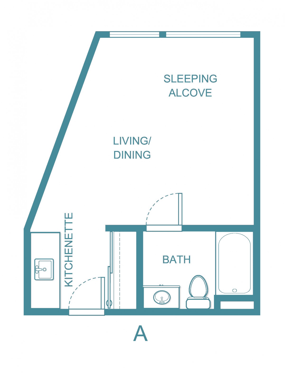 Floor plan of a studio apartment with a kitchenette, living/dining area, sleeping alcove, and bathroom.