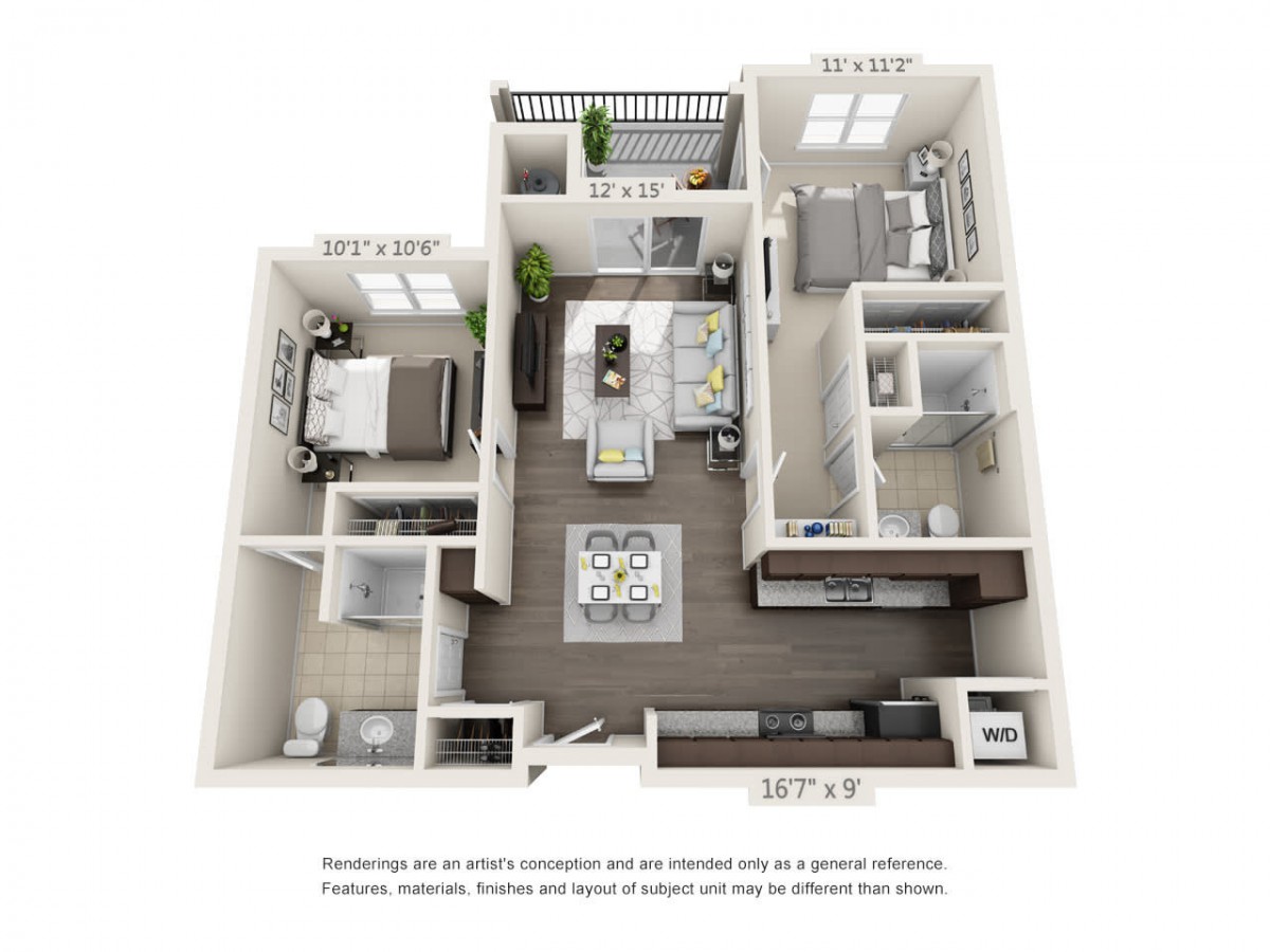 3D floor plan of a two-bedroom apartment featuring a modern interior design.