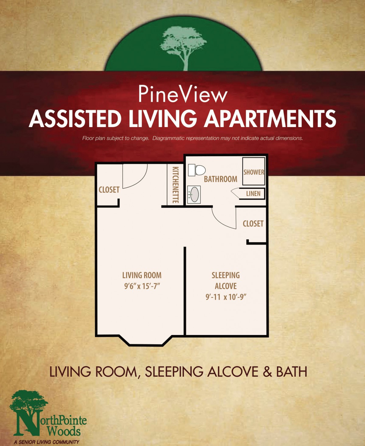 Floor plan of PineView Assisted Living Apartments highlighting the living room, sleeping alcove, and bath.