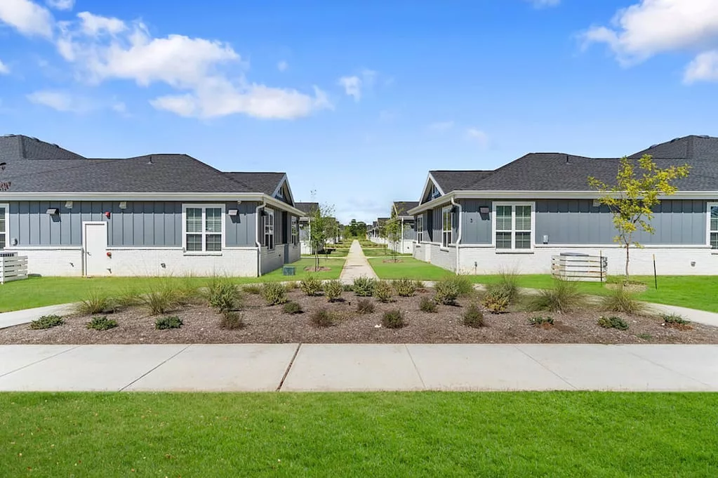 A suburban neighborhood with two modern houses and a landscaped walkway.