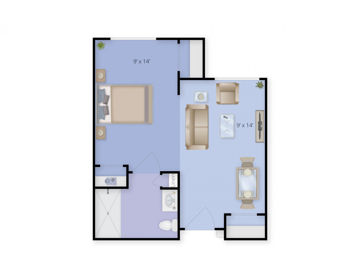 A compact and efficient apartment floor plan featuring a bedroom, living area, kitchen, and bathroom.