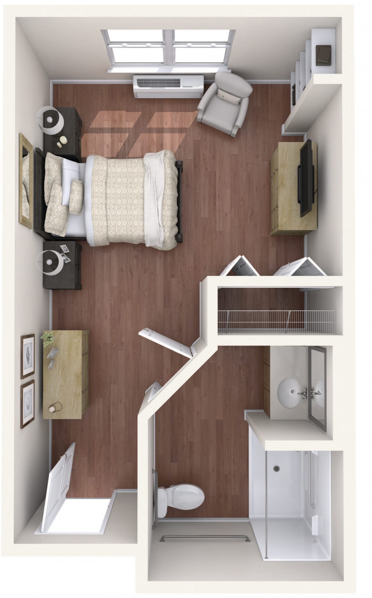 Overhead view of a bedroom floor plan with furniture arrangement.
