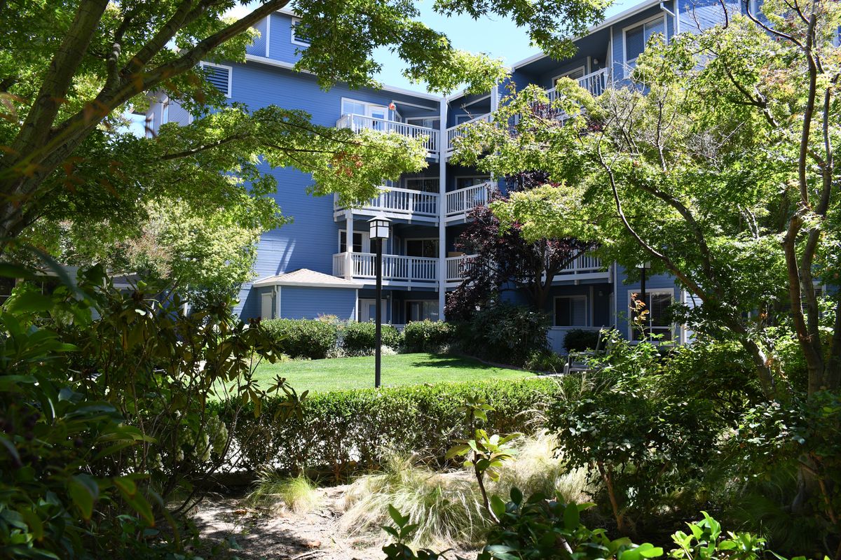 A view of an apartment building surrounded by lush greenery and landscaped gardens.