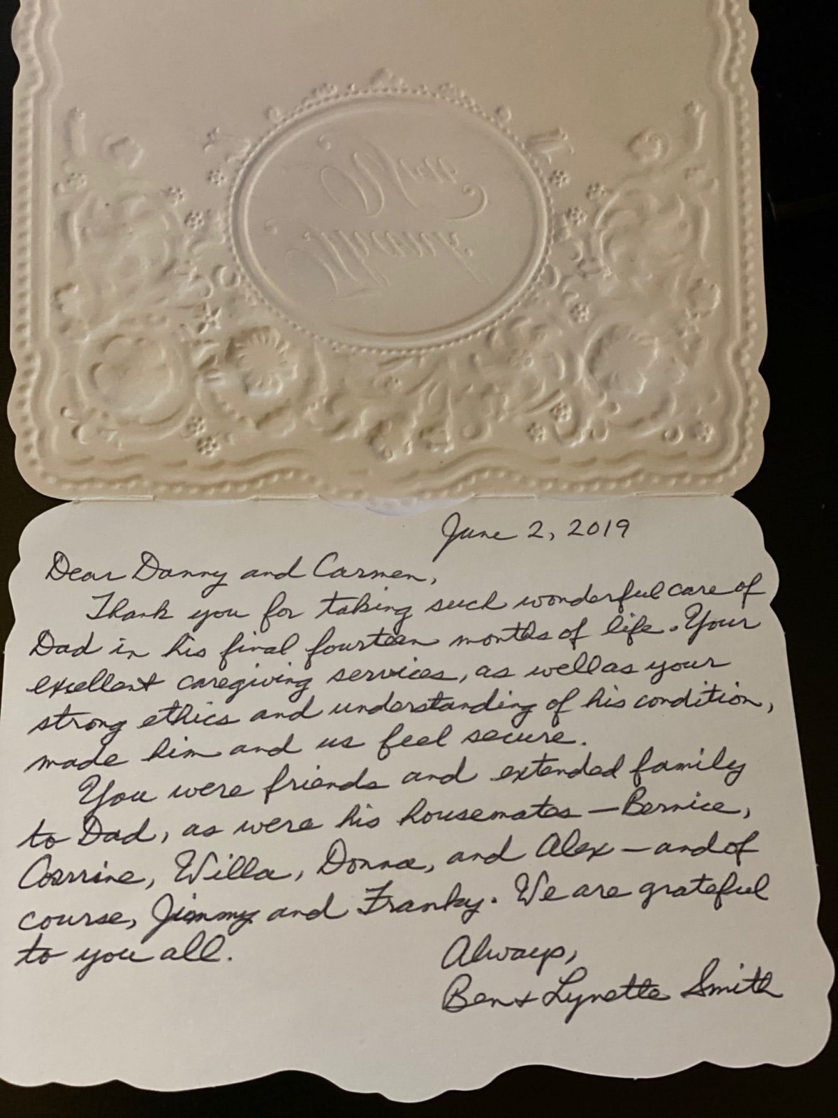 A handwritten thank-you card expressing gratitude.