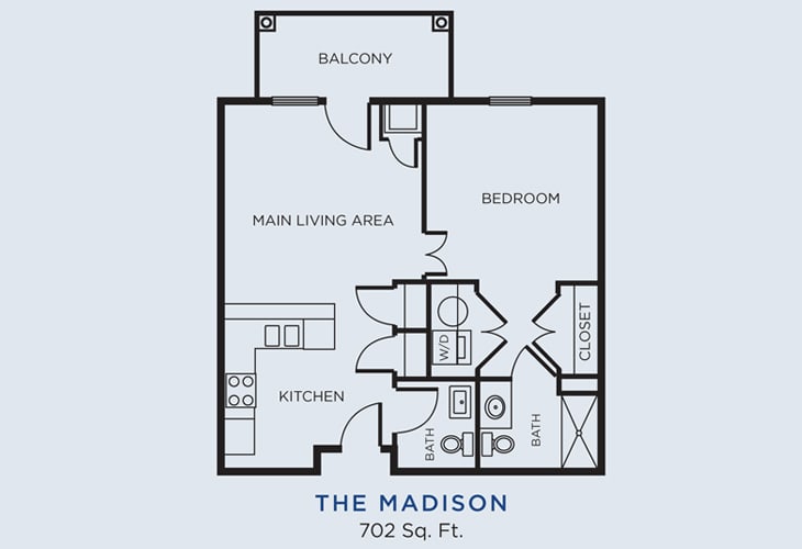 Floor plan of 'The Madison' apartment with a total area of 702 square feet, featuring one bedroom, kitchen, main living area, and balcony.