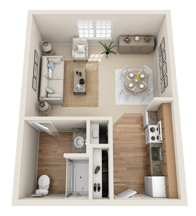A 3D floor plan of a compact apartment featuring a living room, kitchen, dining area, bedroom, and bathroom.