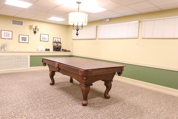 A well-lit recreation room featuring a classic wooden billiard table with elegant carvings.