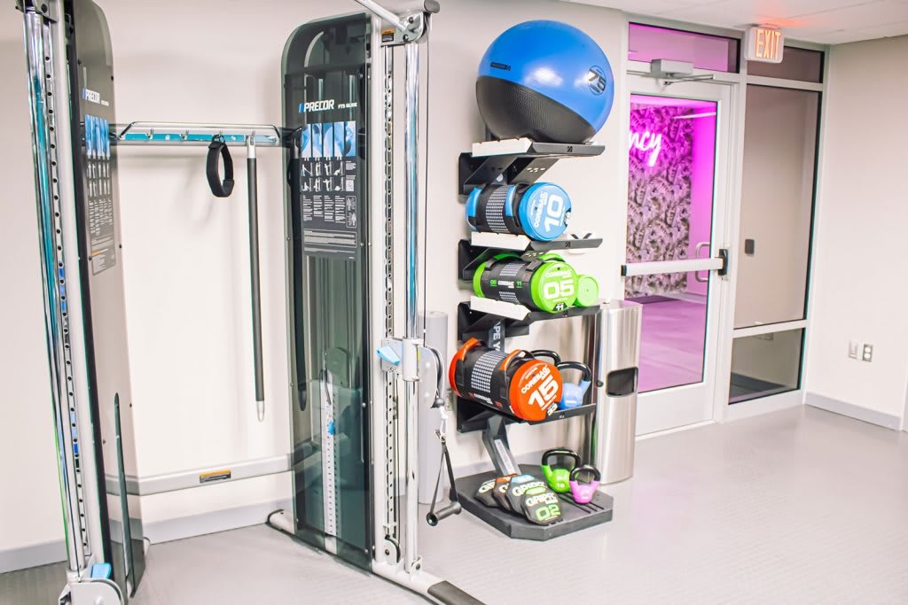 A gym corner with exercise and medicine balls neatly stacked on a rack.