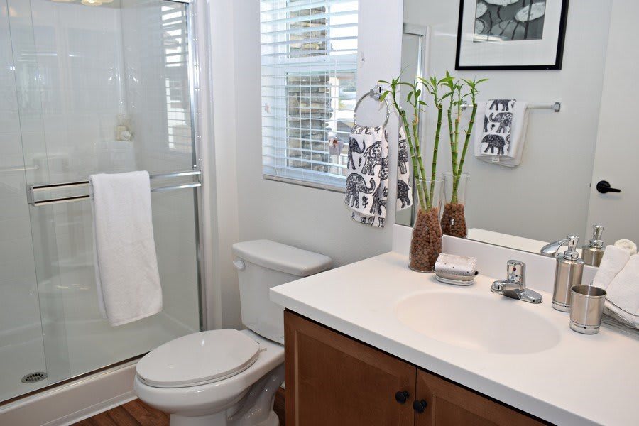 A modern bathroom with a glass shower, wooden cabinet, and decorative vases on the sink.