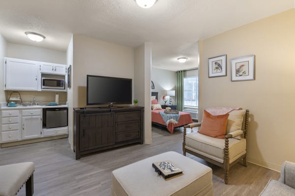 A cozy, modern living room with a television and stylish furniture in an open-floor apartment.