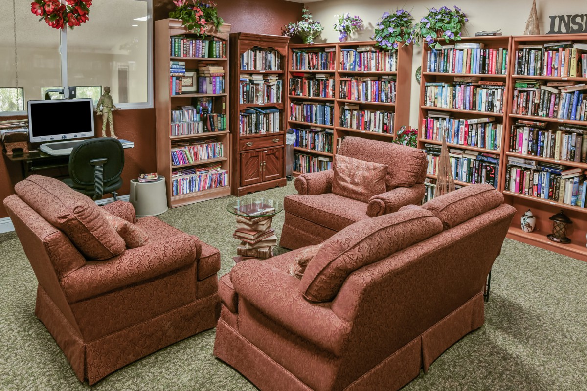 Cozy library reading area with bookshelves and comfortable sofas.