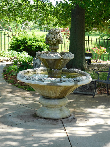 A charming fountain surrounded by greenery, adding a tranquil atmosphere to the garden.