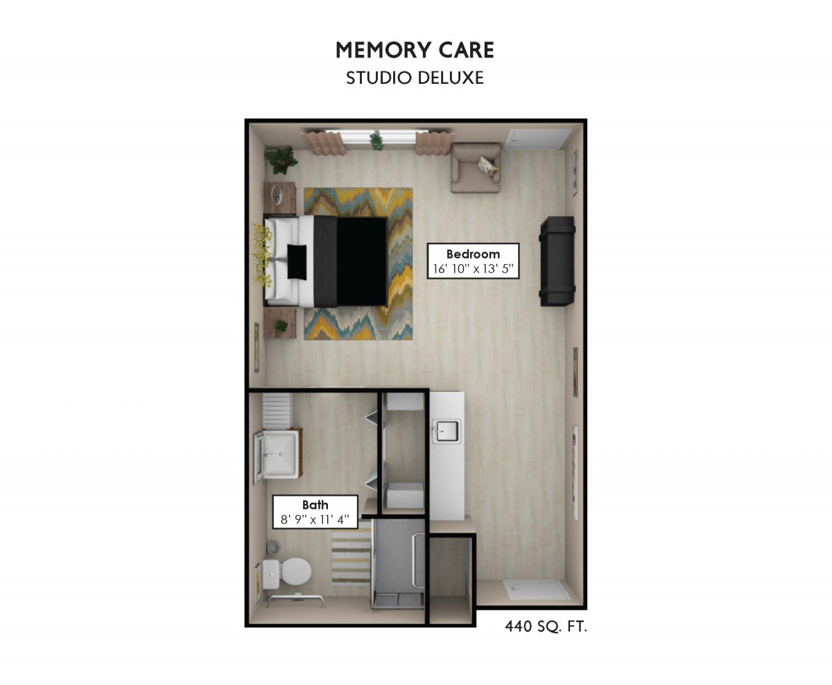 Floor plan of a Memory Care Studio Deluxe apartment, featuring living, sleeping, and bathroom areas.