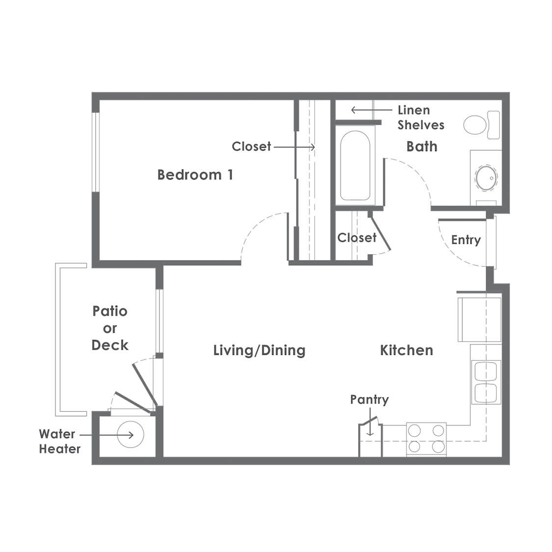 A one-bedroom apartment floor plan with a living/dining area, kitchen, bathroom, and patio.