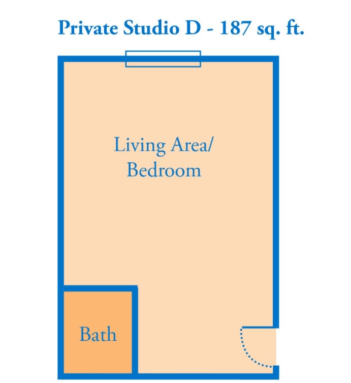 Floor plan of a Private Studio D, measuring 187 square feet, with a living area/bedroom and a bathroom.