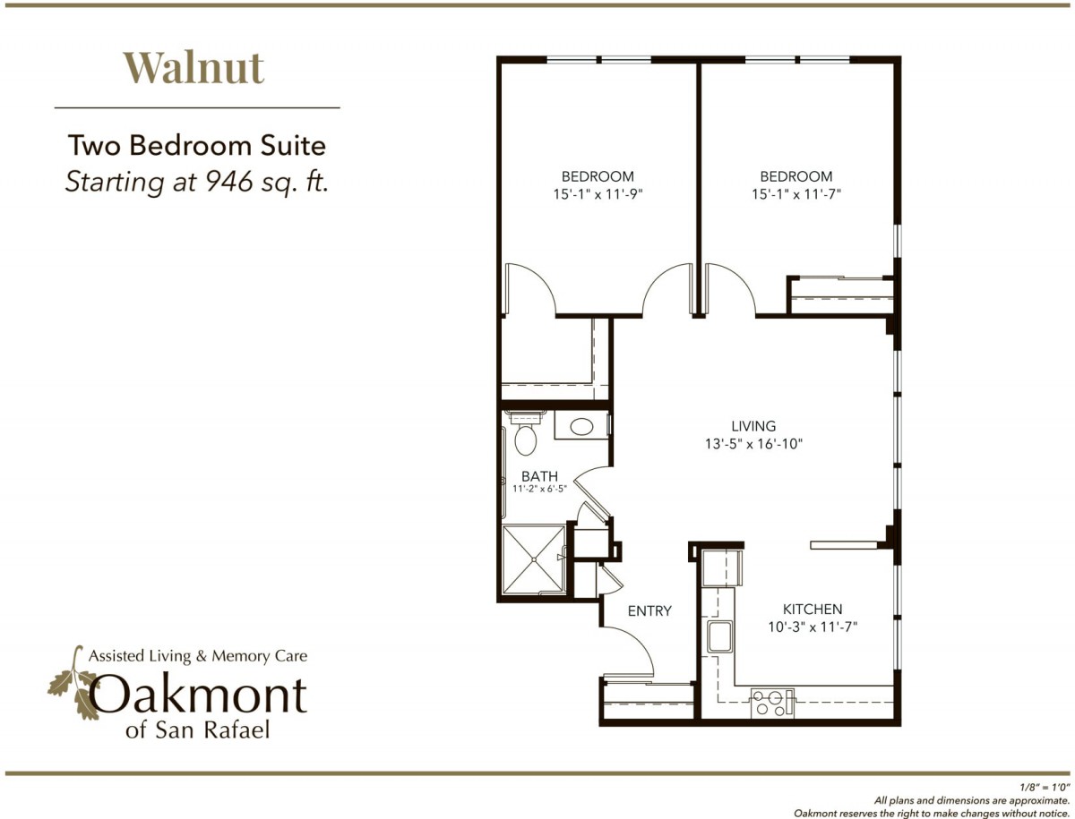 A detailed floor plan of a two-bedroom suite measuring approximately 946 square feet.