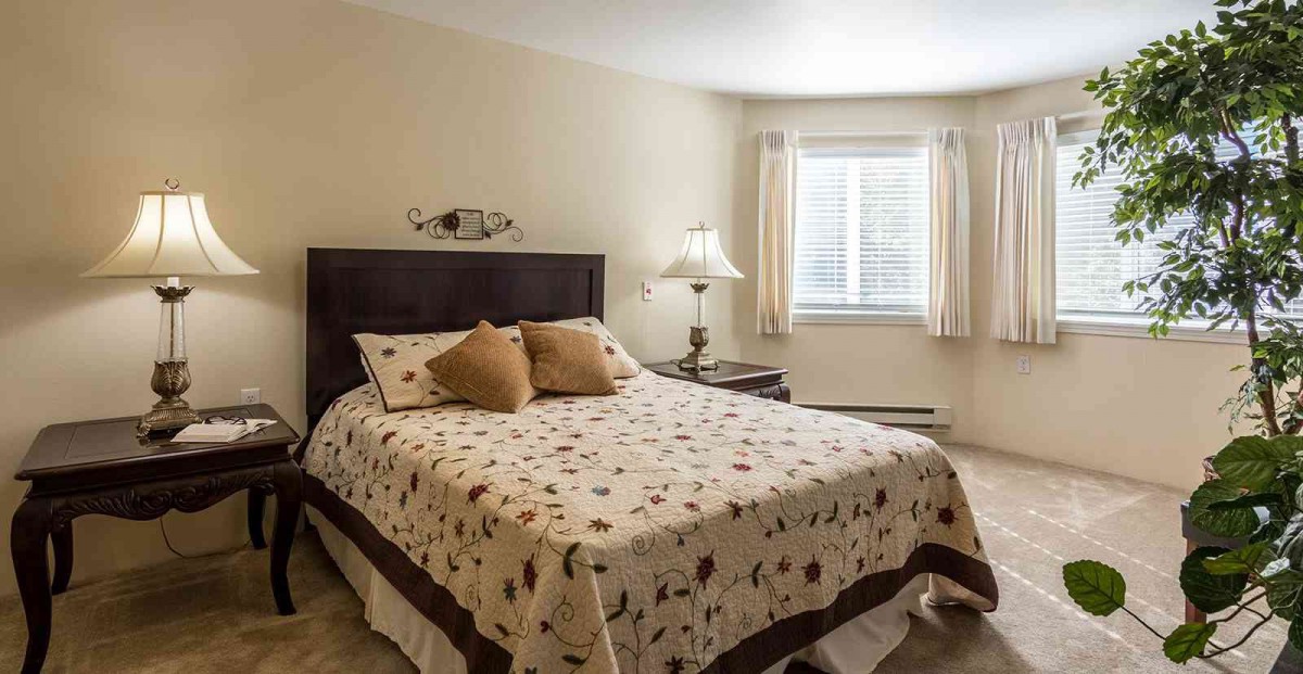 A cozy bedroom with a neatly made bed, decorative pillows, and a lamp by the window.
