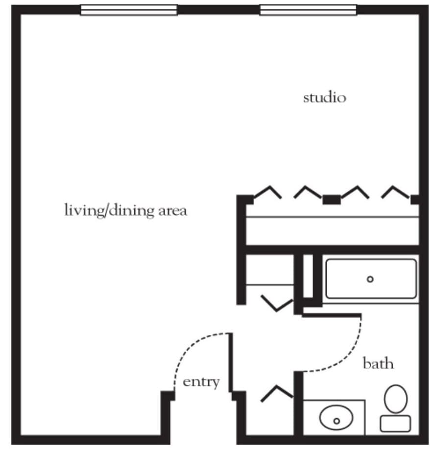 A floor plan of a studio apartment featuring a living area and bathroom.