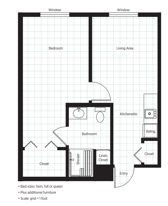 A floor plan of a one-bedroom apartment featuring a living area, kitchen, bathroom, and closet space.