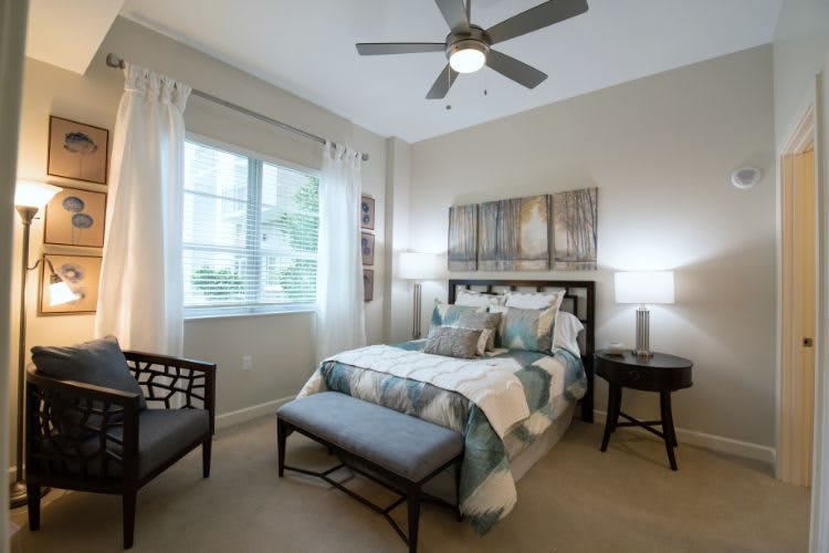 A modern, well-lit bedroom featuring stylish decor and comfortable furnishings.