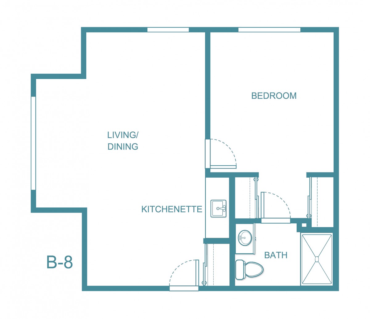 A 1-bedroom apartment floor plan featuring a living/dining area, kitchenette, and bathroom.