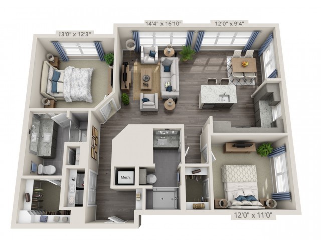 A detailed floor plan of a modern two-bedroom apartment with labeled dimensions.