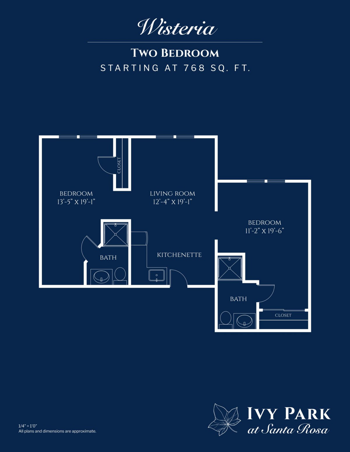 Floor plan of a two-bedroom apartment starting at 750 sq ft.