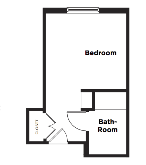 This is a simple floor plan showing a bedroom, bathroom, and closet.