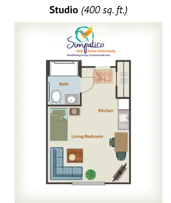 A minimalist floor plan for a studio apartment, featuring a combined living and bedroom area, kitchen, and bathroom.