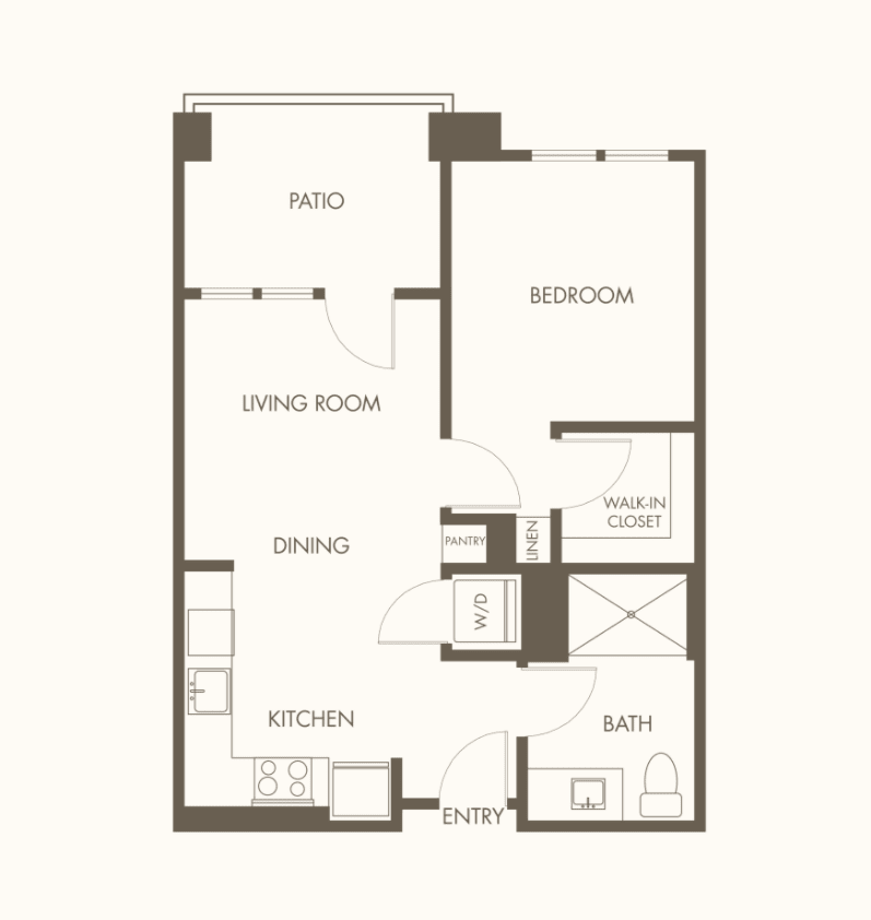 Floor plan of a one-bedroom apartment with kitchen, dining area, living room, and bathroom.