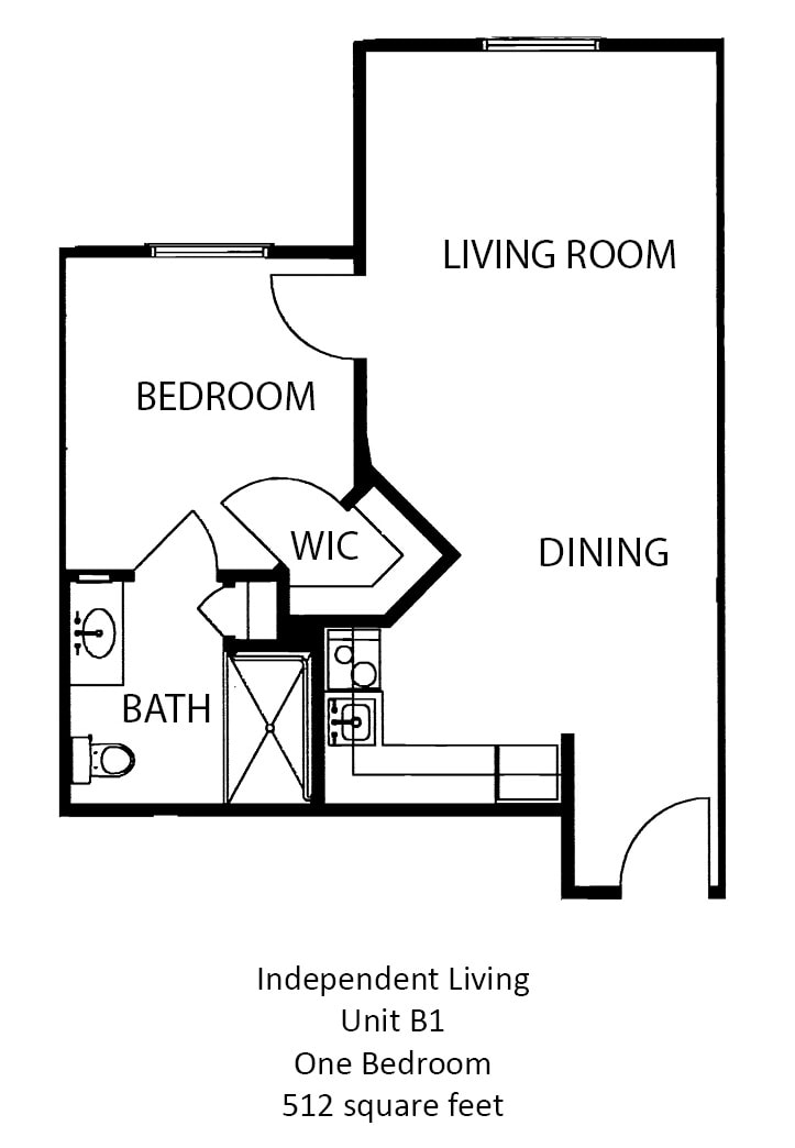 A floor plan of a one-bedroom apartment featuring a living room, dining area, kitchen, bathroom, and walk-in closet.
