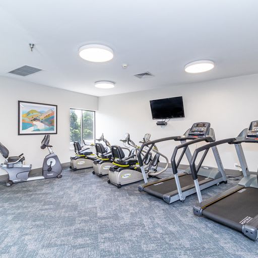 A modern gym with various exercise equipment including treadmills and stationary bikes.