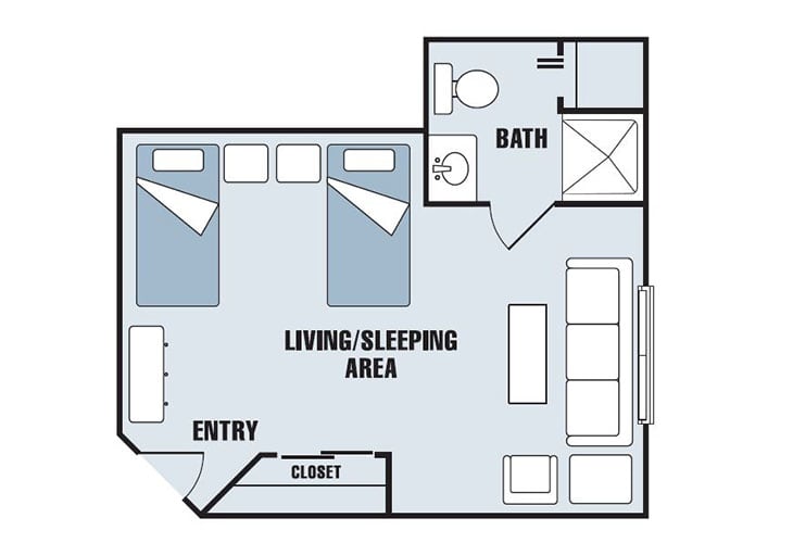 A floor plan of a studio apartment featuring a living/sleeping area and a bathroom.